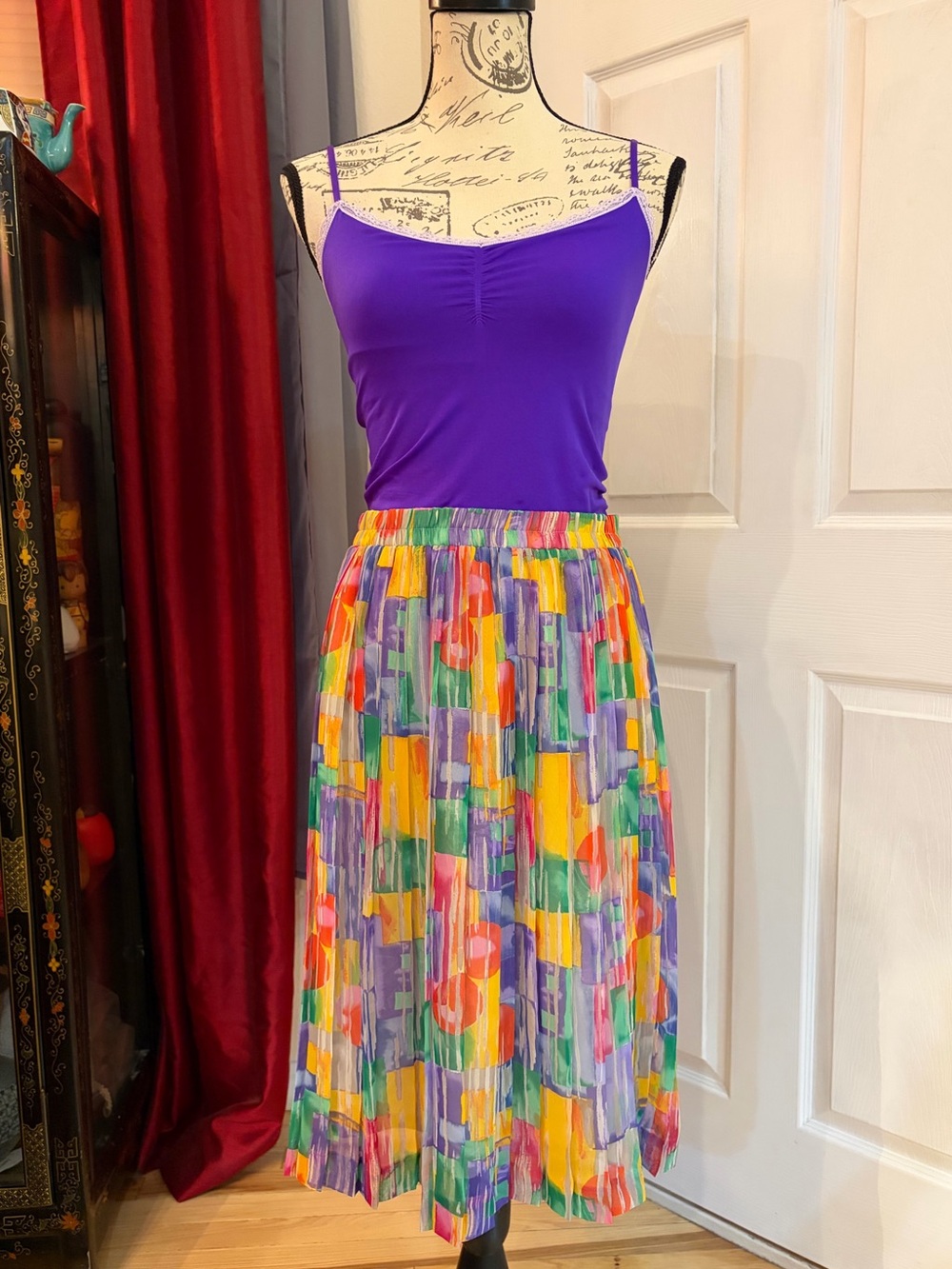 Vintage Jacqueline Ferrar Colorful Abstract Print Pleated Midi Skirt